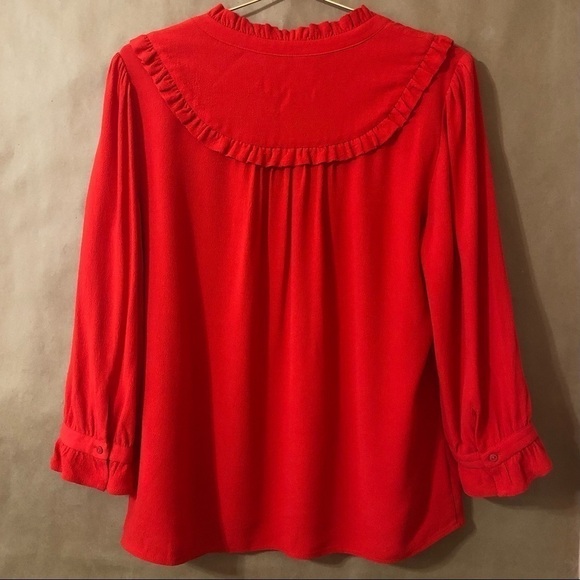 ba&sh | Thalgo Ruffle Yoke Plunging V-Neck Popover Top in Grenadine Red Size M - Picture 10 of 16